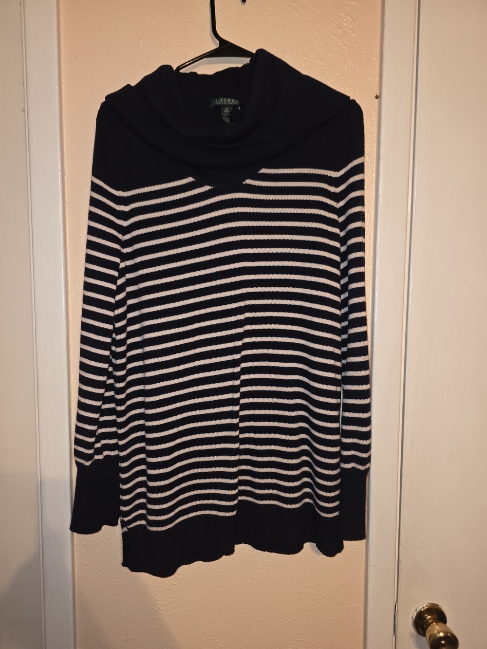 Lauren Ralph Lauren Navy Blue White Striped Cowl Neck Tunic Sweater